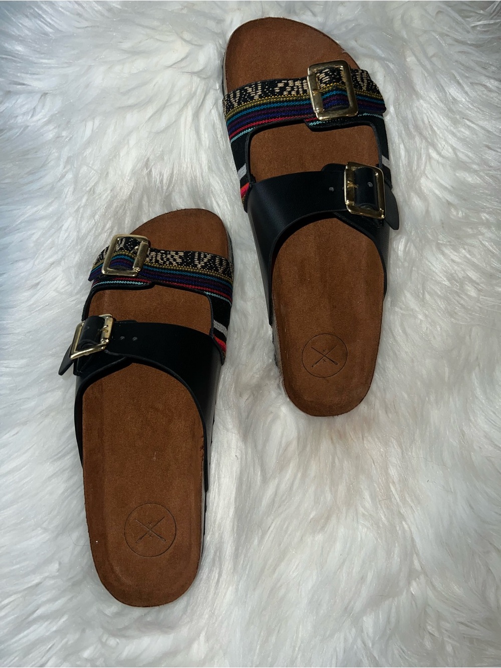inkkas Black Slide Sandals with Multicolor Woven Straps